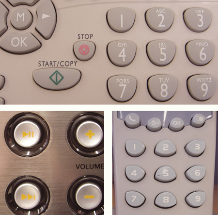 Esempi di pulsanti di apparecchi di uso quotidiano.